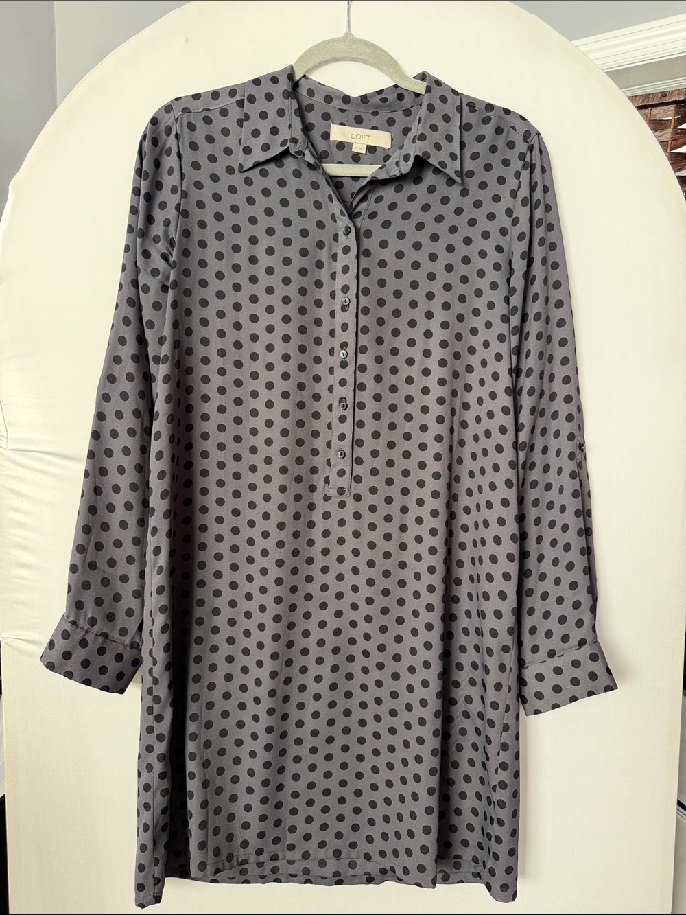Loft sz small grey & black polka dot shirt dress